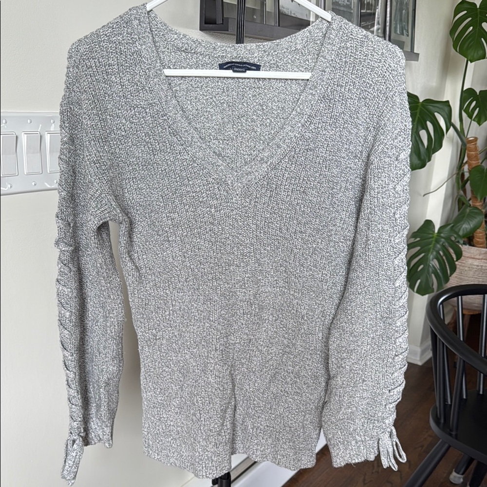Gray V-Neck Sweater with Lace-Up Sleeves
